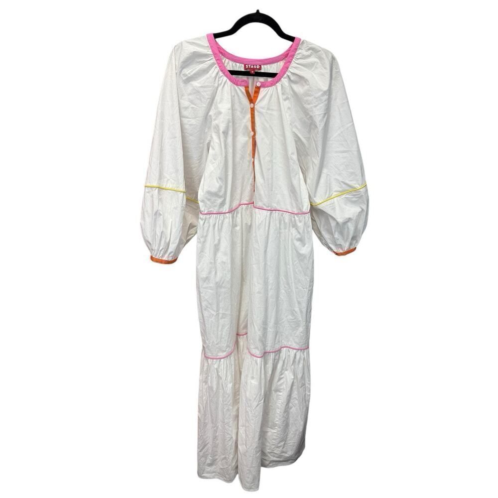 STAUD Demi Dress Womens White PoplinβRainbow Stitching Maxi Tiered Cotton Medium - Picture 4 of 10
